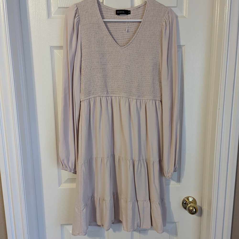 Pink Long Sleeve Tiered Sundress with V-Neck